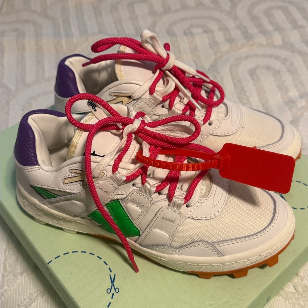 Off-White White Sneakers with Pink Laces and Green Accent